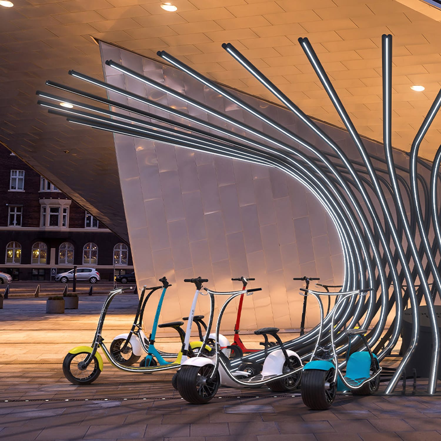 Scooterson Tree, a charging station, with scooters parked around it